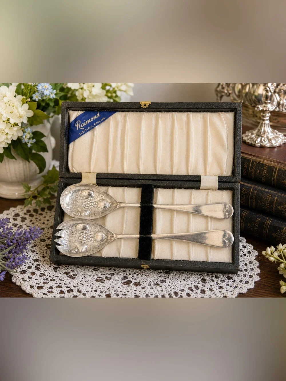 Vintage 1950s Raimond Sheffield England Silverplate Grape Salad Serving Set